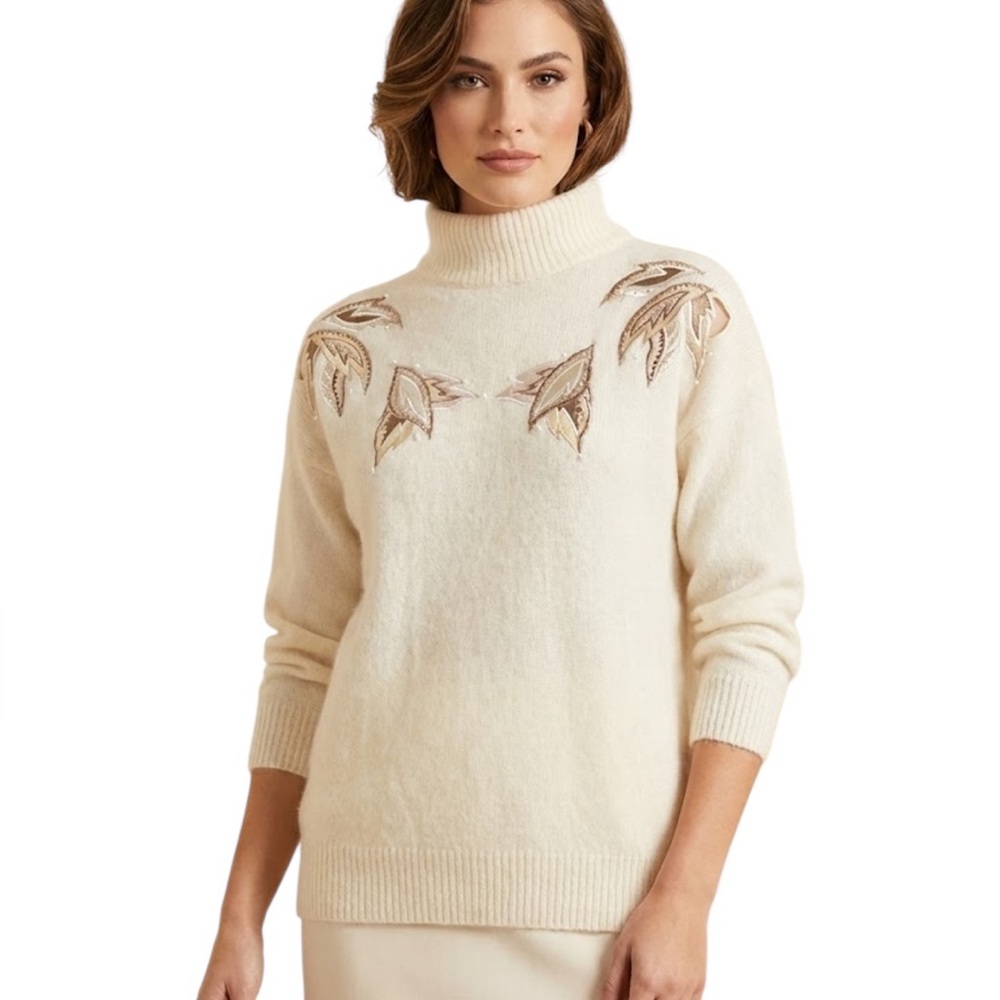 Vintage Private Party Women's L Ivory Pullover Mockneck  Sweater Leaf Embroidery